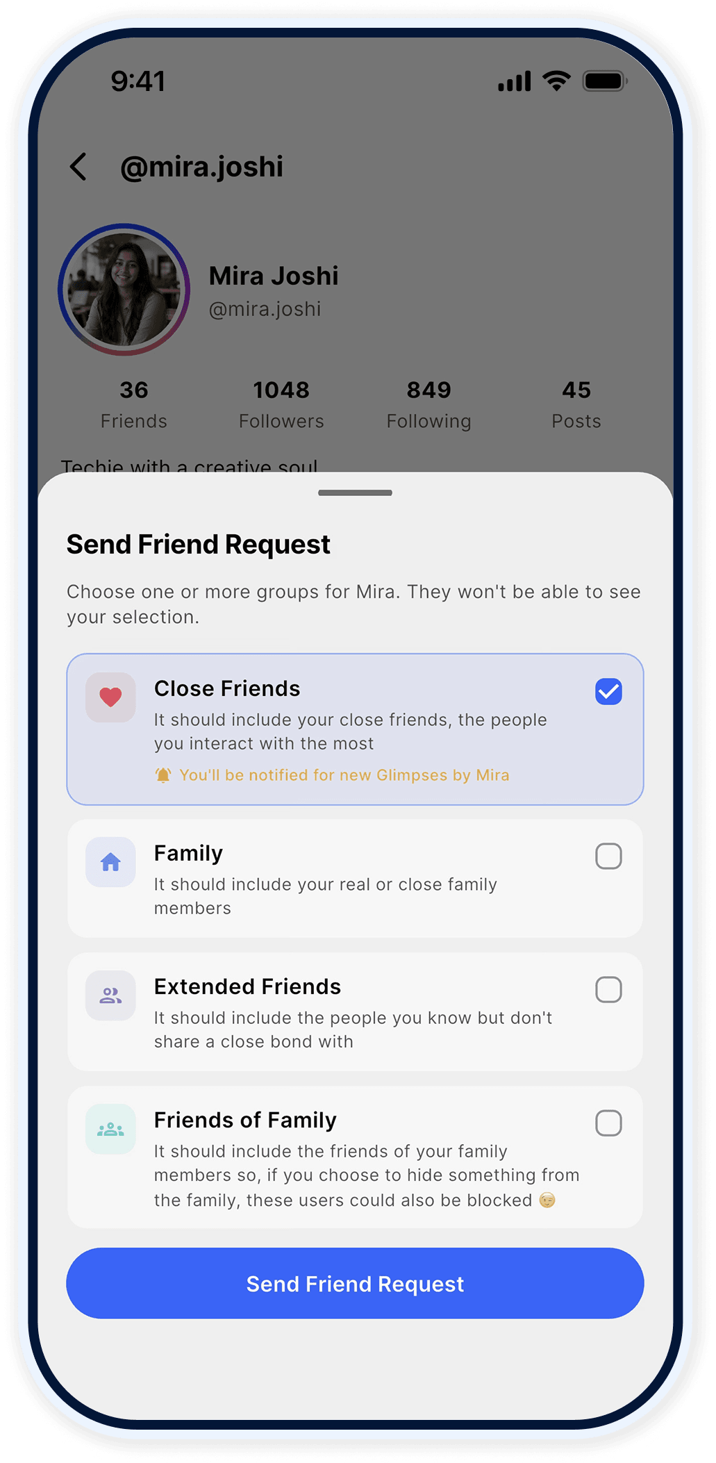 Glimpses friend request privacy screen with friend groups