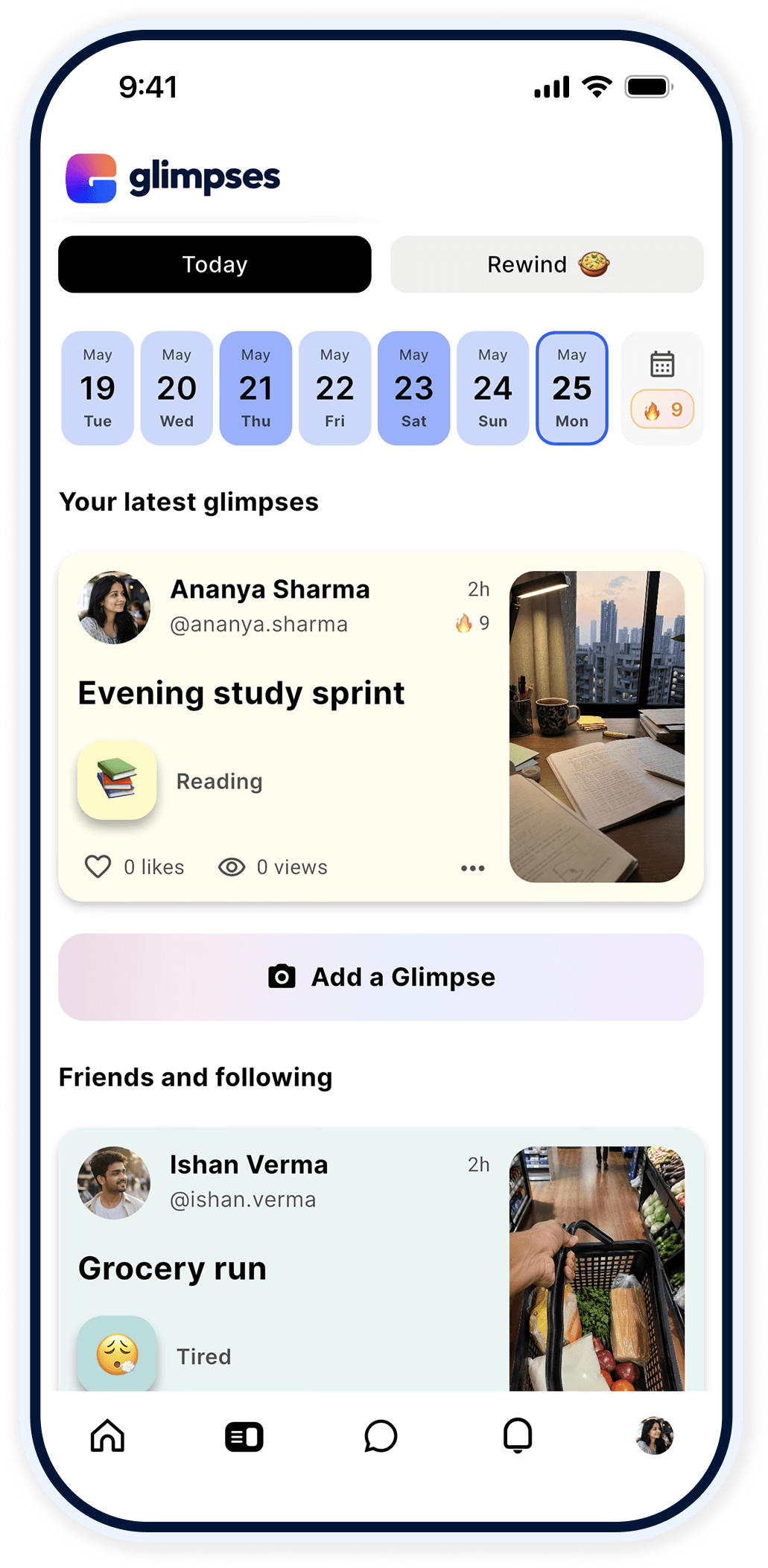 Glimpses Today screen with daily glimpses and Rewind calendar