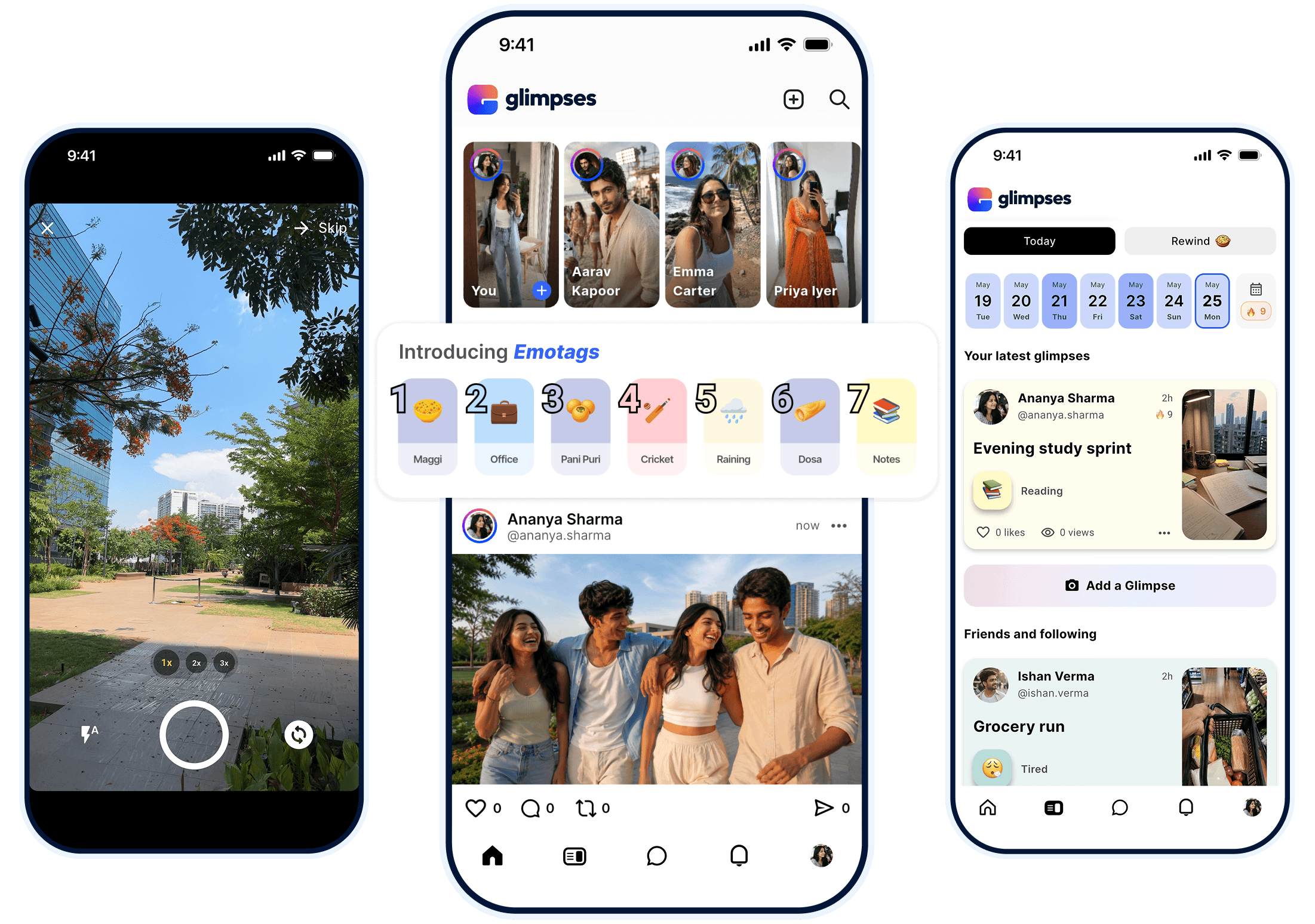 Glimpses app screens showing camera, home feed, and daily moments