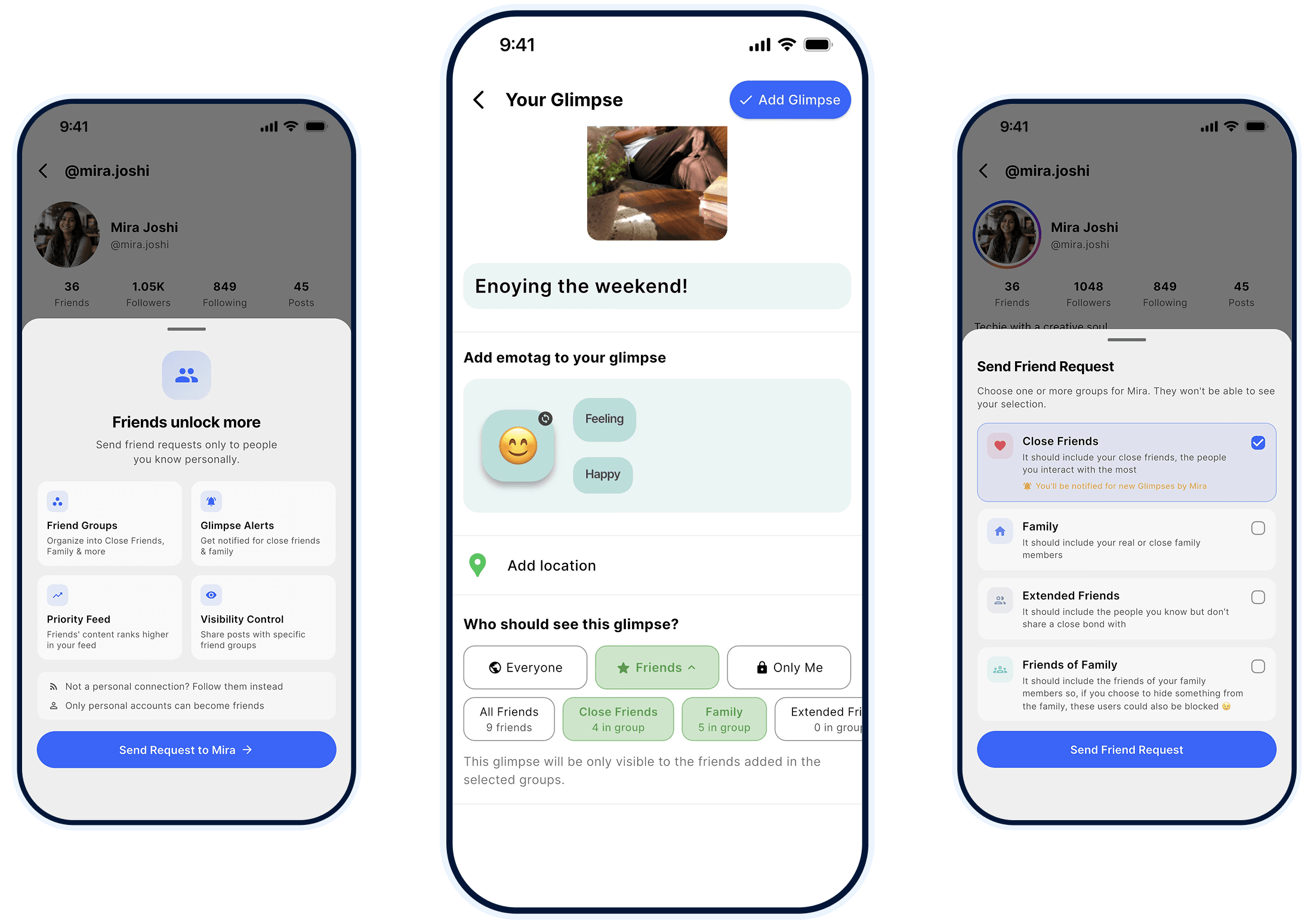 Glimpses privacy fanout showing audience controls, friend groups, and friend request education