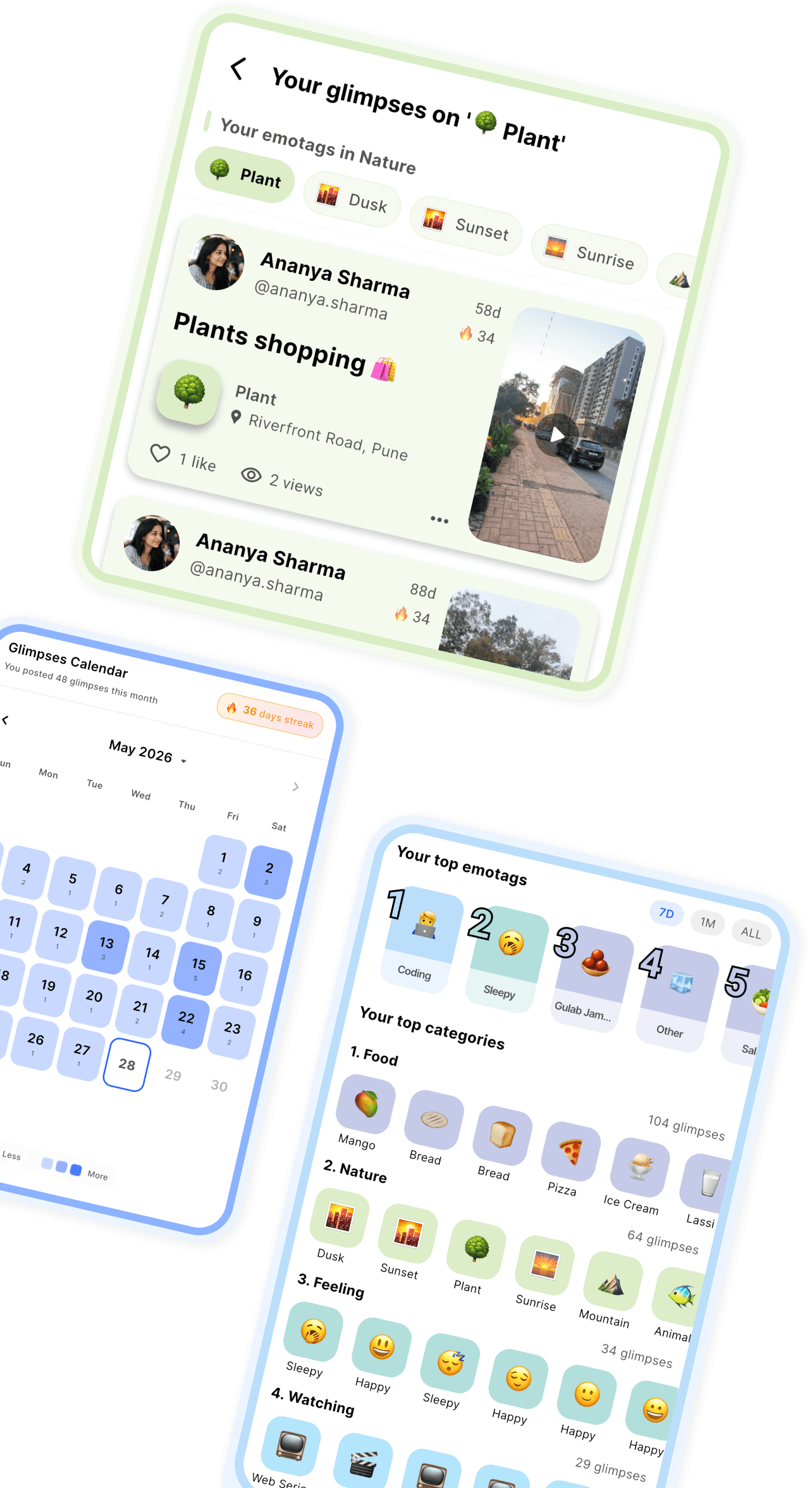 Glimpses Rewind screen with private memories and Emotags